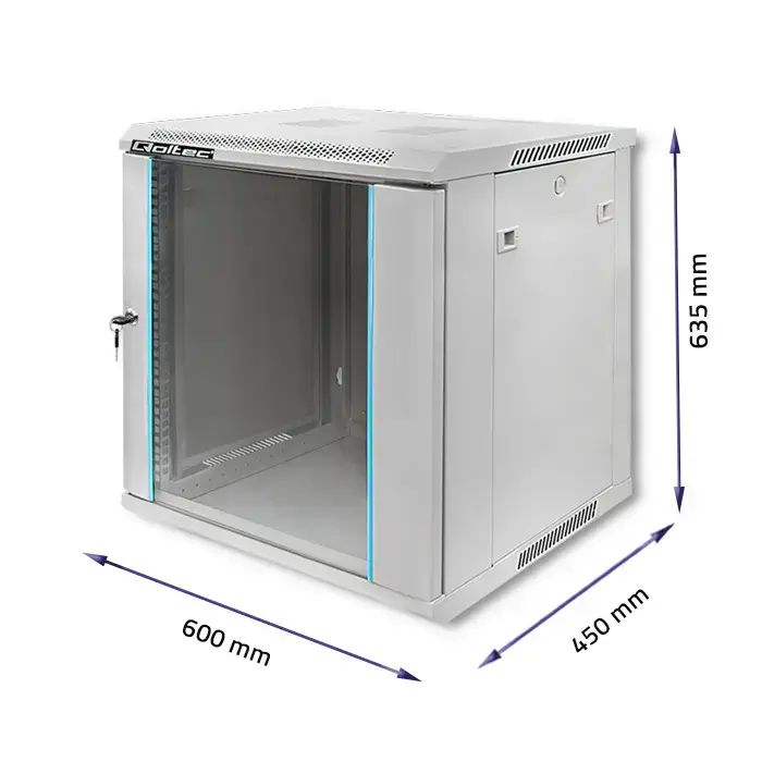 Qoltec RACK Cabinet 19" | 12U | 600 x 635 x 450 | Tempered doors | Hanging | Steel case | Lock | Grey
