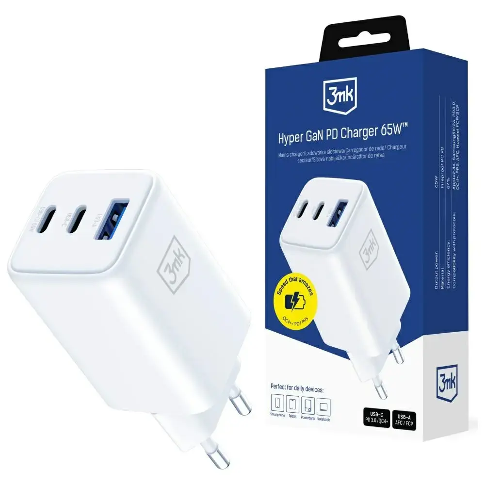 siwallMK Hyper | tīkla lādētājs | 65W | PD, QC4+ | 2xUSB-C, USB-A | balts