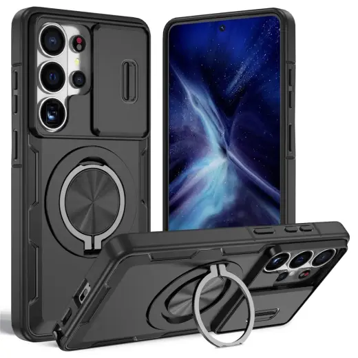 maciņš ar statīvu un MagSafe atbalstu telefonam Samsung Galaxy S26 Ultra (S948) melns (ar kameras aizsargu)