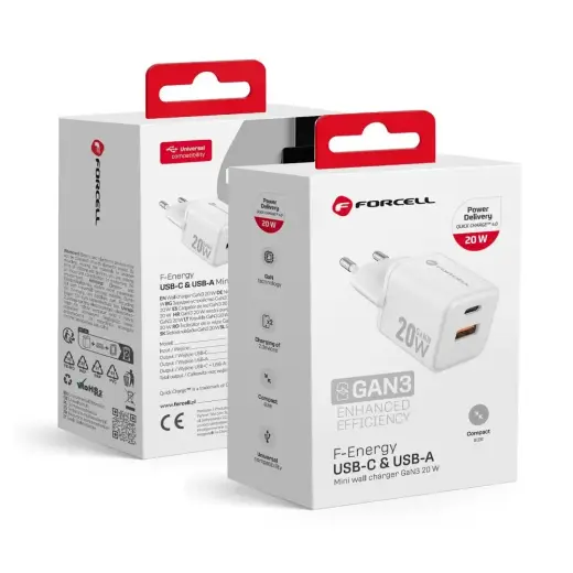 Forcell F-Energy Mini GaN III VT-35A tīkla lādētājs | 20W | PD, QC, GaN | USB-C, USB-A | balts