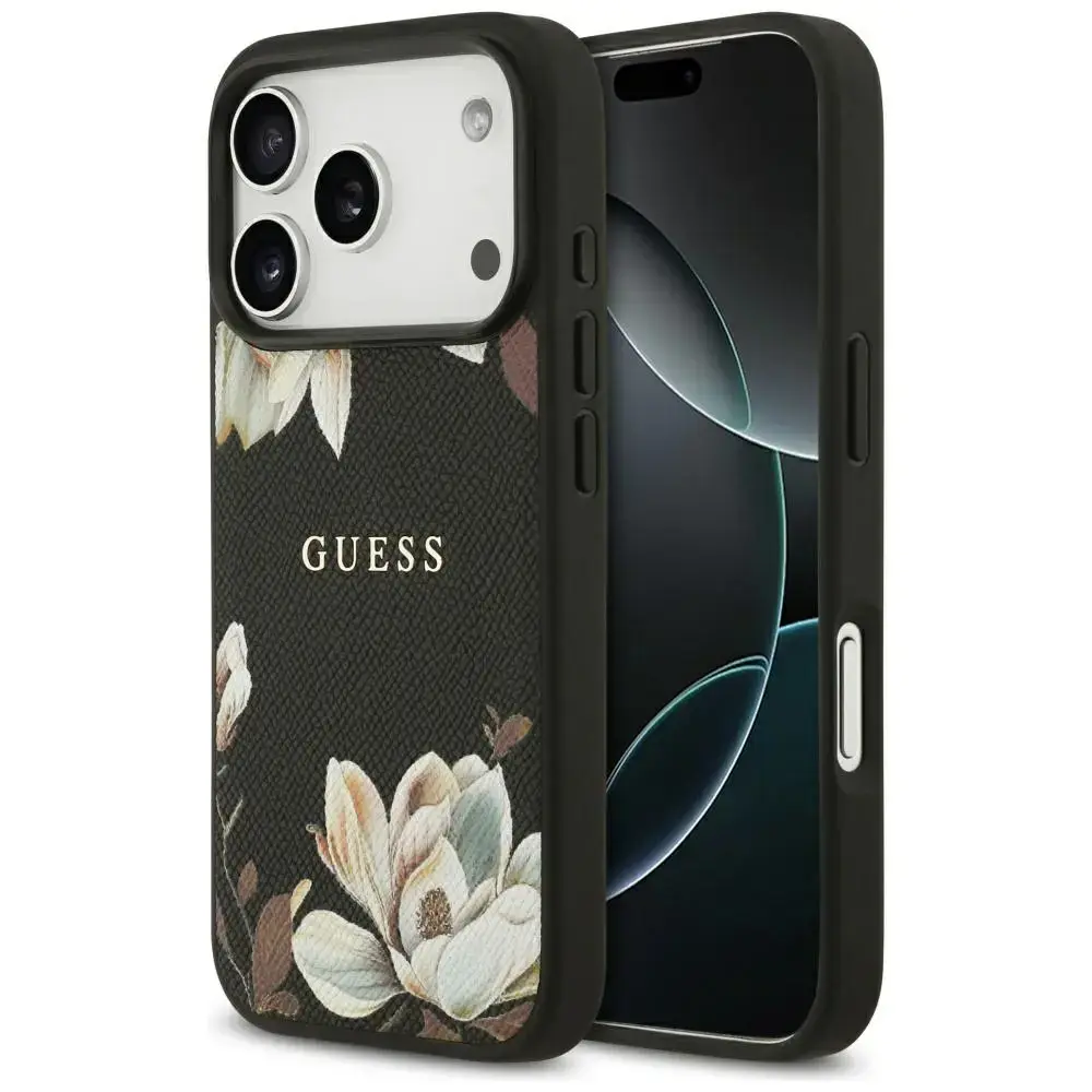 Guess Grained Flowers Classic Logo maciņš ar MagSafe atbalstu telefonam iPhone 17 Pro melns