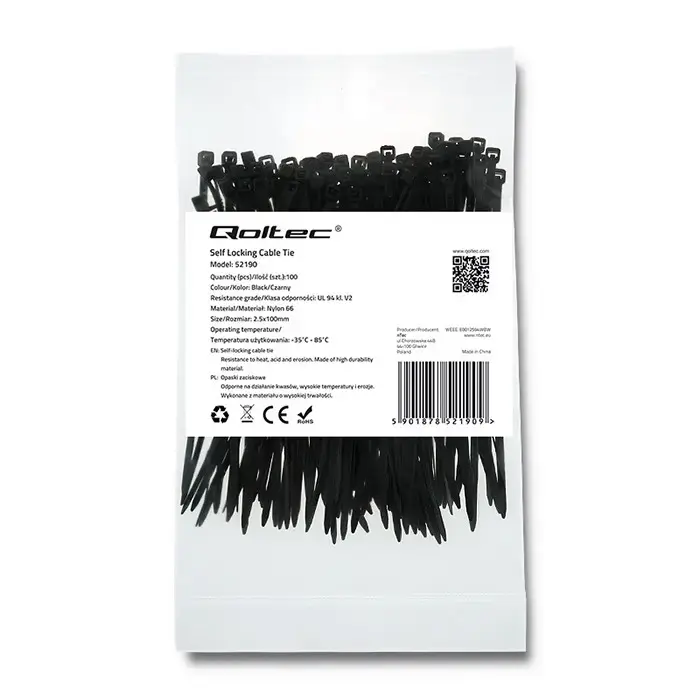 Qoltec Self-locking cable tie | 2.5*100mm | 100 pcs. | Nylon66 | UV | Black