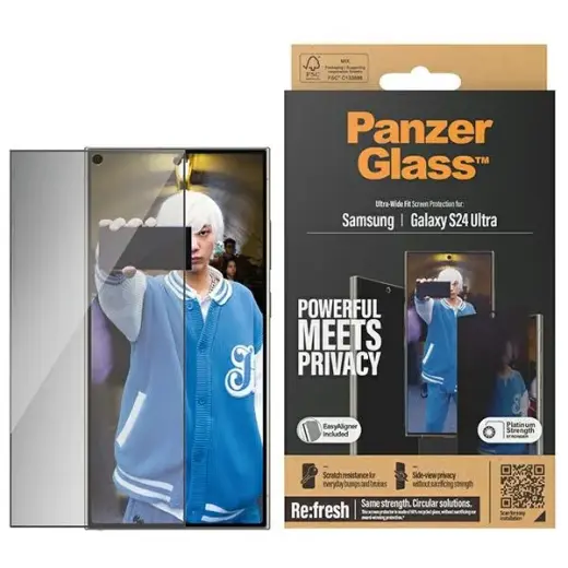 PanzerGlass Ultra-Wide Fit privatumo grūdintas stiklas telefonui Samsung Galaxy S24 Ultra (privatumo efektas) su Easy Aligner komplekte