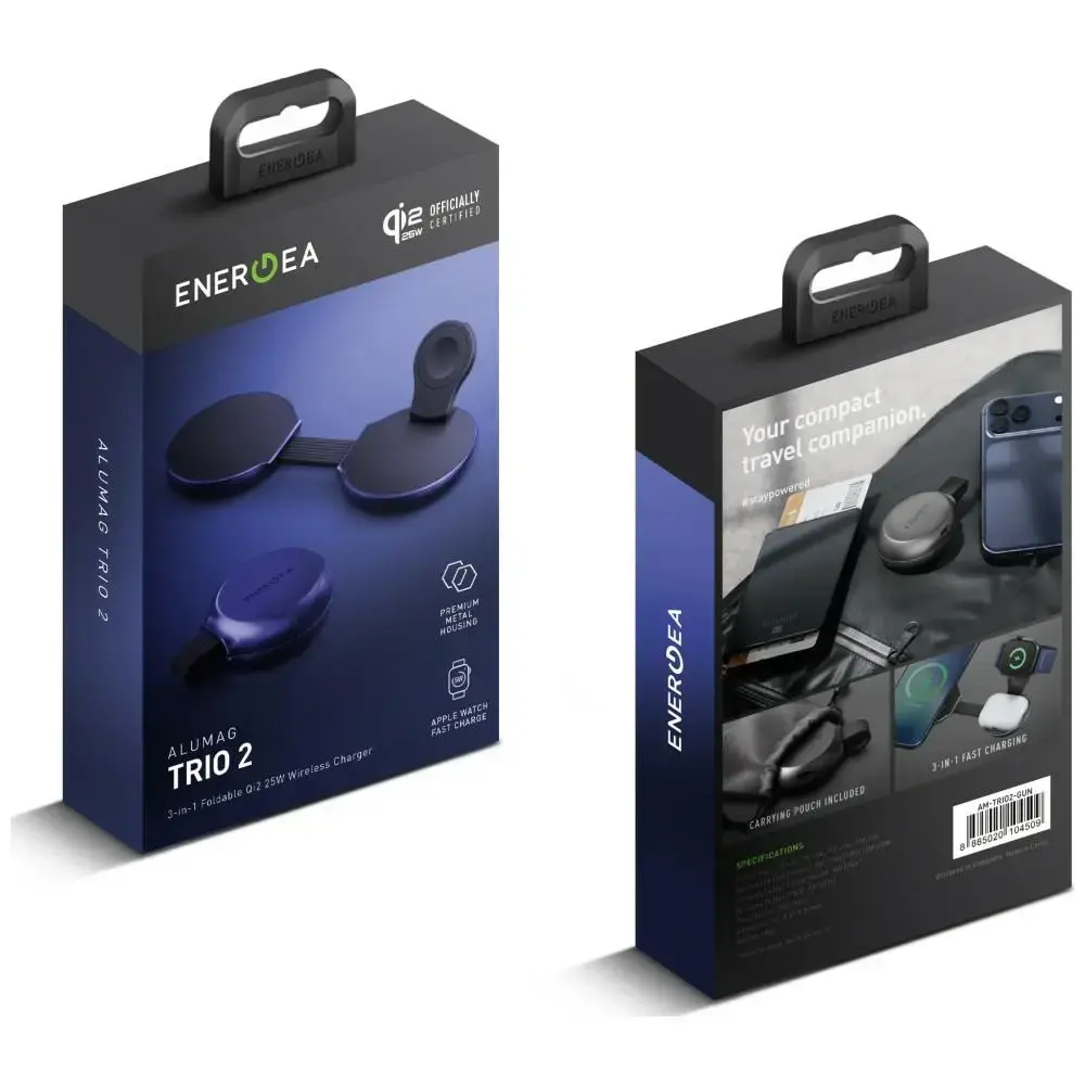 ENERGEA MagTrio 2 3-in-1 bezvadu lādētājs | Qi 2.2 | Saderīgs ar MagSafe | 25W | zils