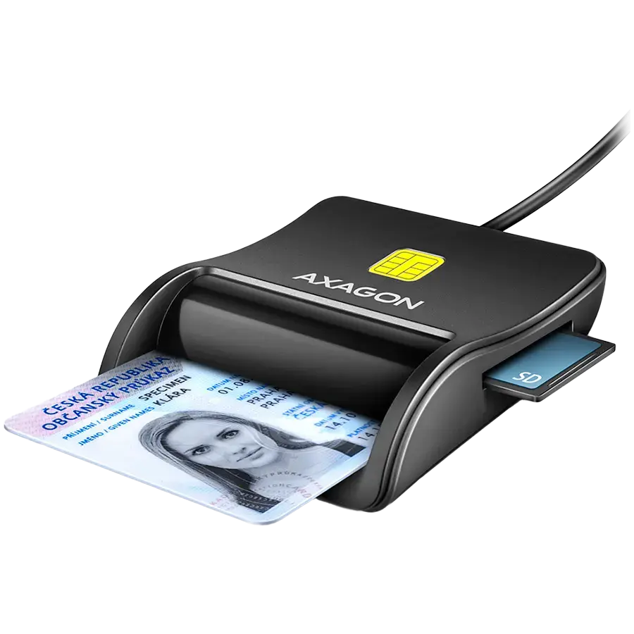Compact desktop USB contact Smart/ID & SD/microSD/SIM card reader with long USB-A cable.