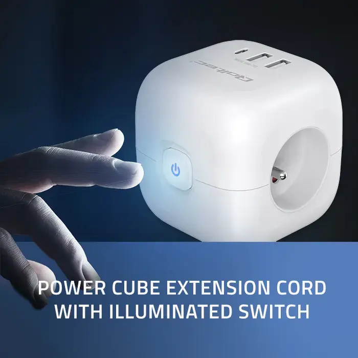 Qoltec Power cube 6-in-1 extension cord with illuminated switch | 3x AC | 2x USB | 1x USB-C PD 20W | White