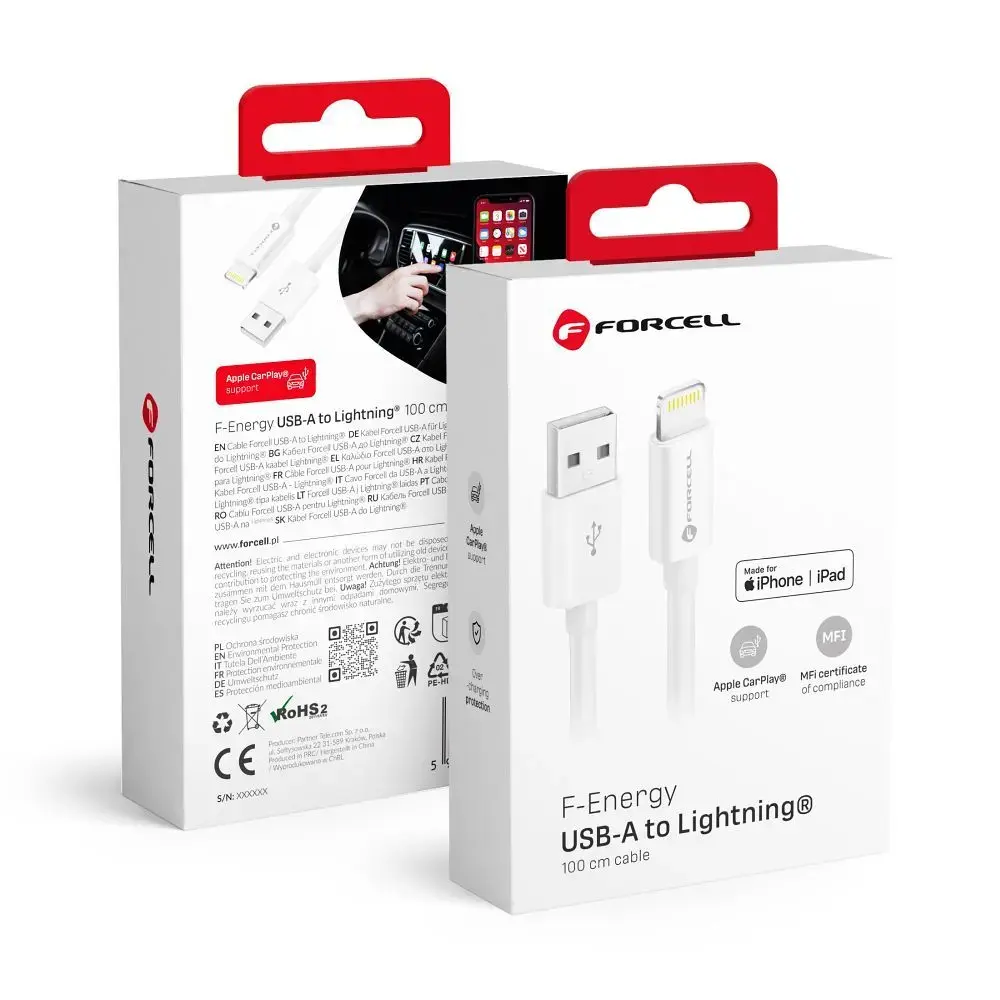 Forcell F-Energy C703 datu pārraides un uzlādes vads | MFI | USB-A uz Lightning | 12W | 1m | balts