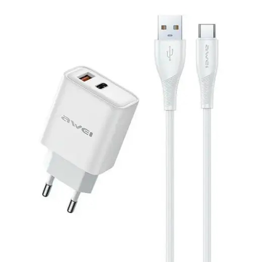 AWEI PD81T-EU travel charger | 22.5W | GaN | USB-A, USB-C | with USB-A to USB-C cable included | white