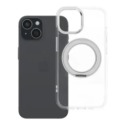 Frame Circle Stand phone case with stand and MagSafe support for iPhone 15 transparent