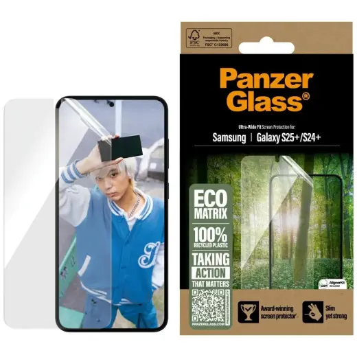 PanzerGlass Eco Matrix tempered glass for phone Samsung Galaxy S25 Plus Ultra-Wide Fit