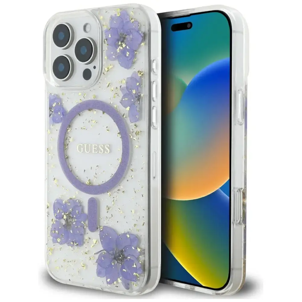 Case Guess Resin Flowers MagSafe for iPhone 16 Pro purple