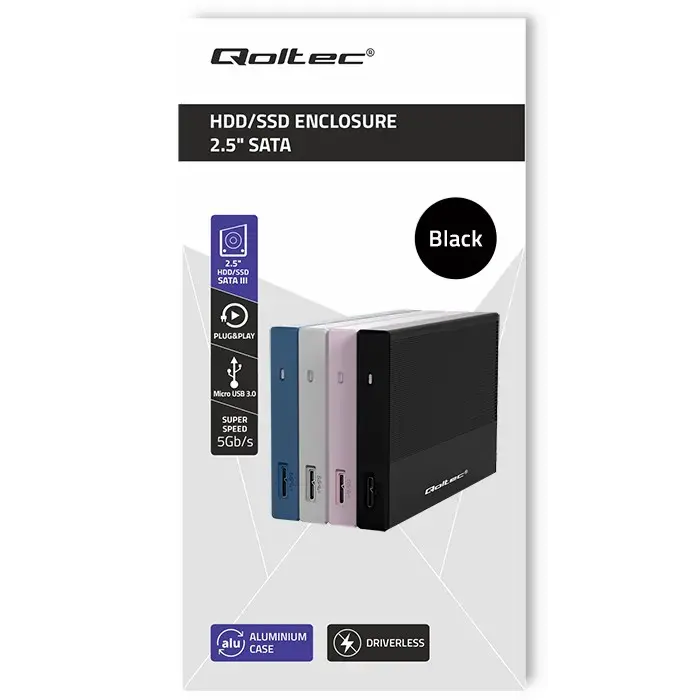 Qoltec Aluminium Enclosure | SSD HDD 2.5'' drive | SATA | USB 3.0 | Super speed 5Gb/s | 2TB | Black