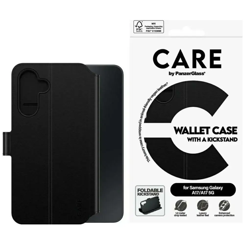 CARE by PanzerGlass Wallet M. grāmatveida maciņš ar statīvu telefonam Samsung Galaxy M17 5G (M176) | A17 4G (A175) | A17 4G (A175) 5G (A176) melns