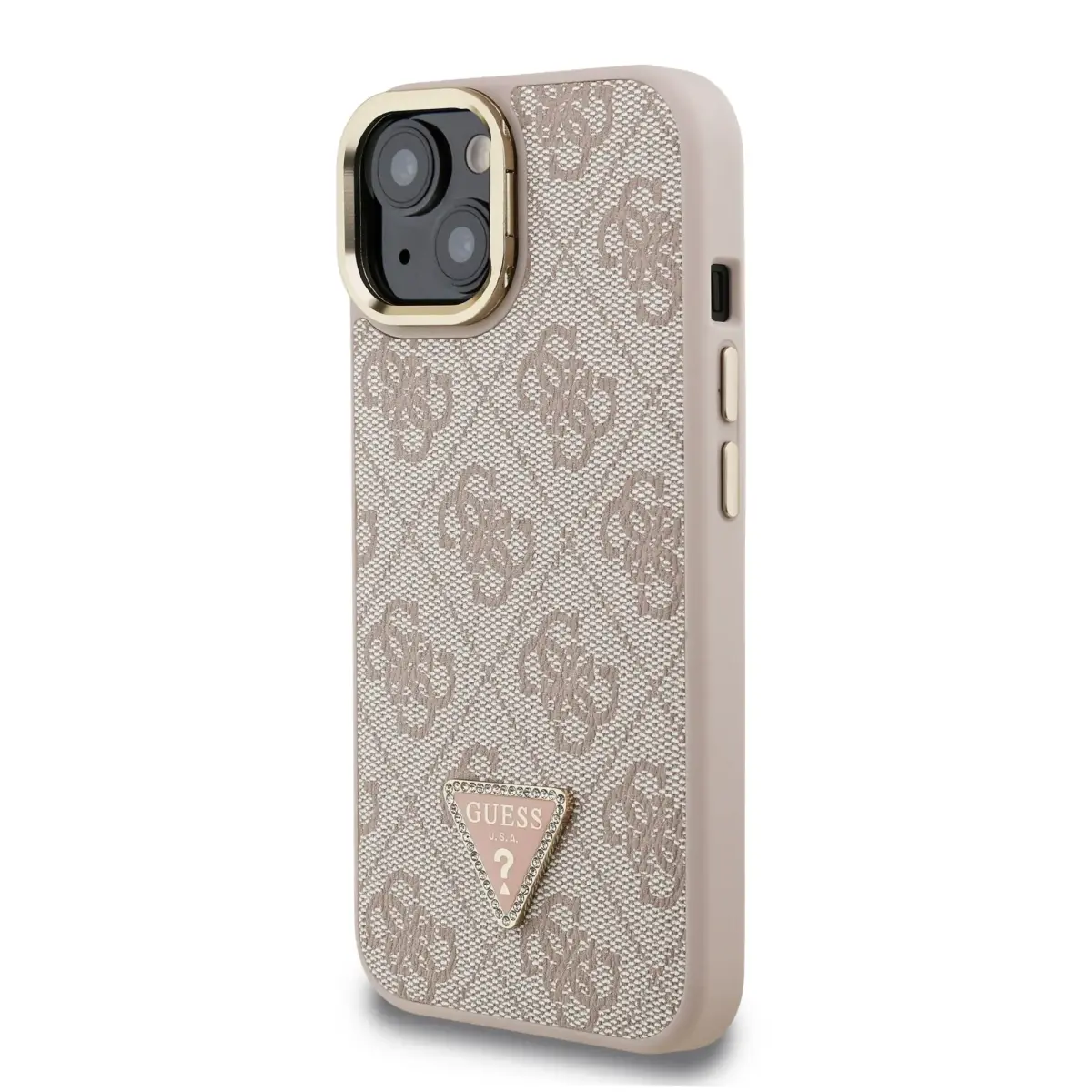 Guess PU 4G Strass Triangle Logo Stand Camera Frame MagSafe Case for iPhone 15 Pink