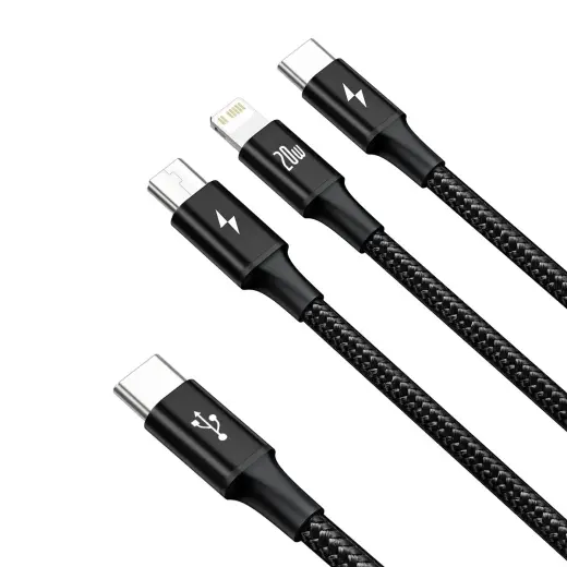 Baseus Rapid Series 3-in-1 datu pārraides un uzlādes vads | USB-C uz USB-C, Lightning, Micro USB | 20W | 1.5m | melns