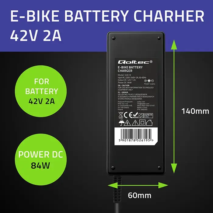 Qoltec Fast Charger for e-bike 36V | 42V | 2A | GX12-3Pin +power cable