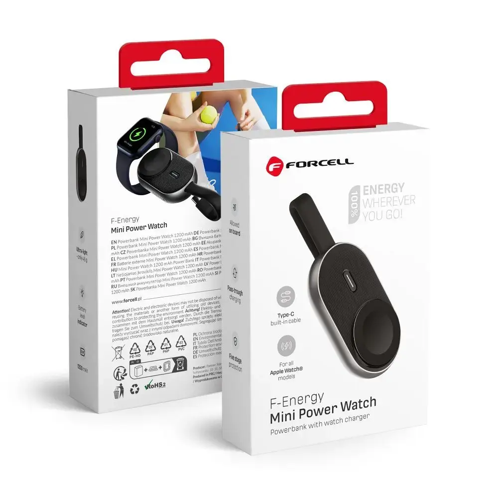 Forcell F-Energy Mini Power Watch ārējais akumulators (powerbank) | 1200 mAh | 2.5W | USB-C, Apple Watch | melns