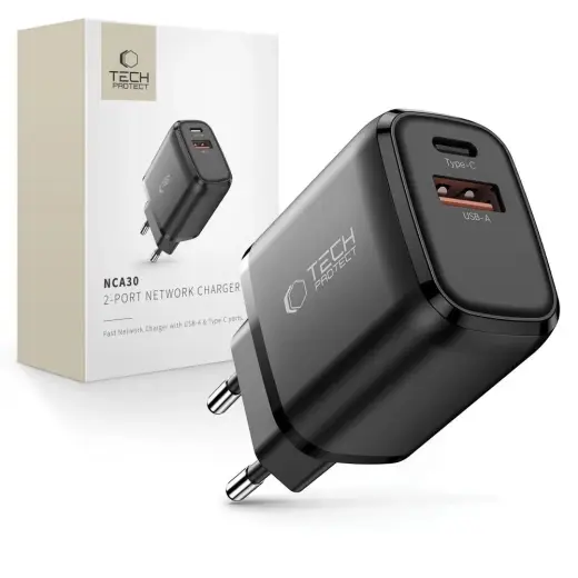 Tech-Protect NCA30 tīkla lādētājs | 30W | PD, QC | USB-A, USB-C | melns