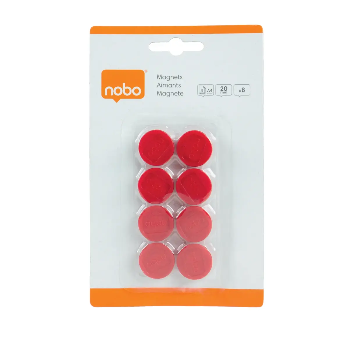 Tāfeles magnēti NOBO, 20 mm, 8 gab., sarkanā krāsā
