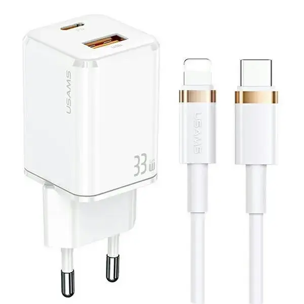 Зарядное устройство USAMS T43 | 33W | PD, QC | USB-C, USB-A, Lightning | с кабелем USB-C на Lightning в комплекте | белое