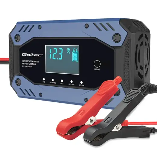 Qoltec Intelligent charger for STD AGM GEL LiFePO4 | Battery charger with repair function |12-24V |10A | LCD | 9 - stage charging