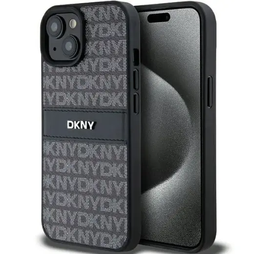 DKNY Leather Mono Stripe & Metal Logo Case for iPhone 15 Plus | 14 Plus - Black