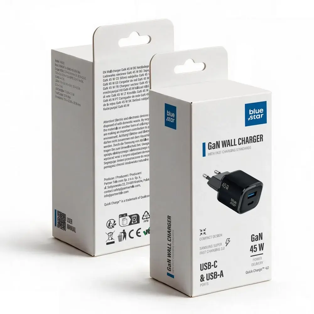 Blue Star Nano GaN VT-334 travel charger | 45W | PD, QC, GaN | USB-C, USB-A | black