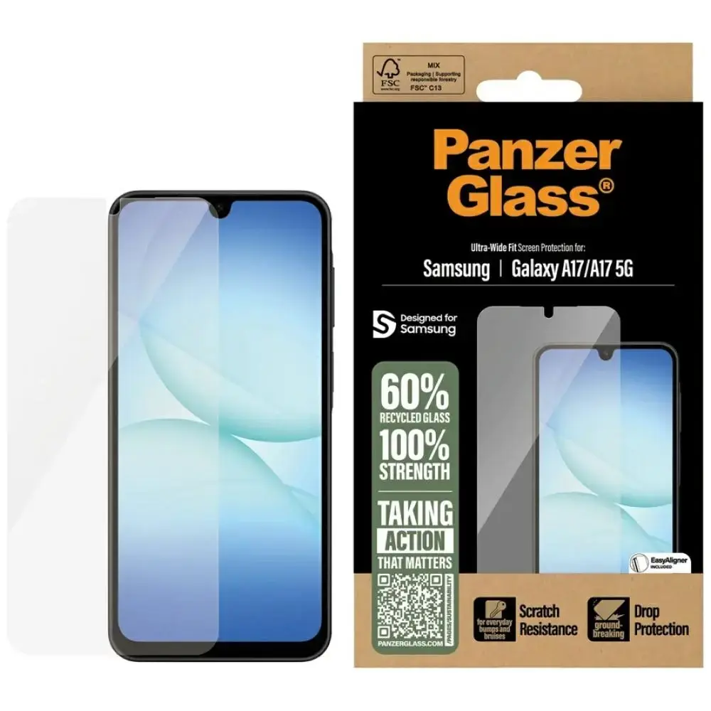 PanzerGlass Ultra-Wide Fit aizsargstikls telefona ekrānam Galaxy A17 4G | Galaxy A17 5G ar uzstādīšanas rāmi