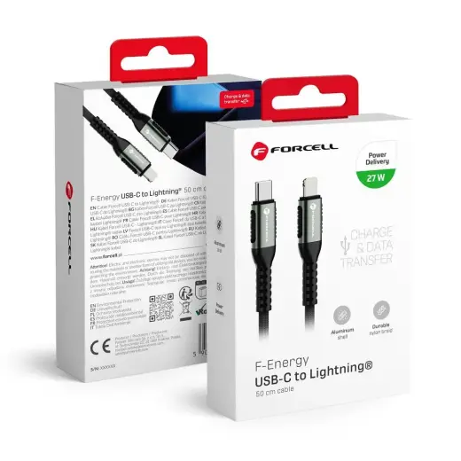 Forcell F-Energy C259 duomenų perdavimo ir įkrovimo laidas | USB-C į Lightning | PD | 27W | 0.5m | juodas