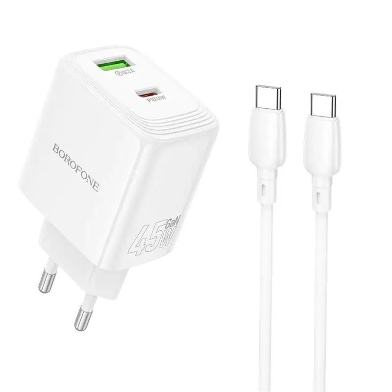 Borofone Wall charger BN30 Cargador GaN - USB + Type C - QC 3.0 PD 45W with Type C to Type C cable white