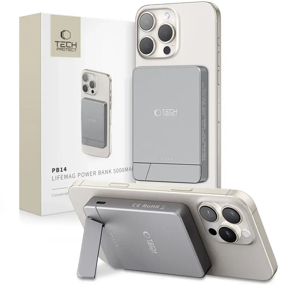 Tech-Protect PB14 LifeMag ārējais akumulators (powerbank) | 5000 mAh | 18W | USB-C, MagSafe | pelēks