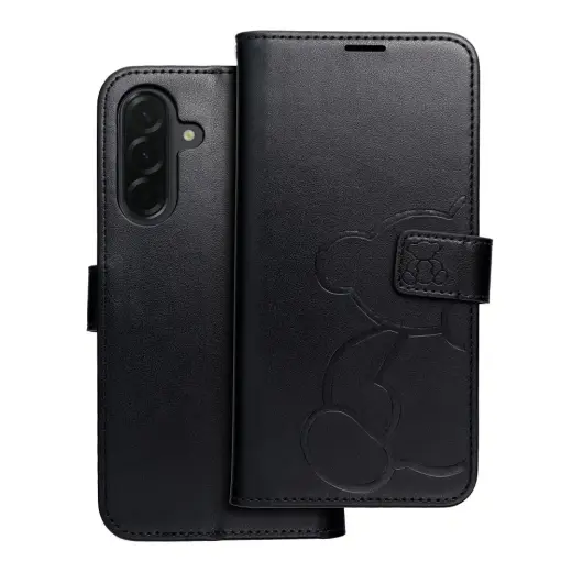MEZZO teddy bear knyginio tipo telefono dėklas Samsung Galaxy A36 5G (A366) juodas (pliušinis meškiukas)