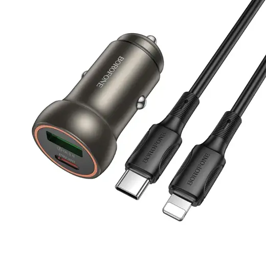 Borofone BZ32A car charger | 30W | QC 3.0, PD | USB-A, USB-C | with USB-C to Lightning cable included | grey