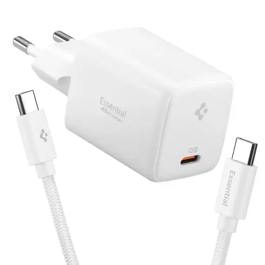 Зарядное устройство Spigen EE451EU Essential | 45W | GaN | USB-C | с кабелем USB-C на USB-C в комплекте | белое