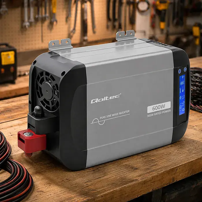 Qoltec Pure Sine Wave Inverter | 12V to 230V | 300/600W | LCD | USB | USC-C | Compatible with LiFePO4 GEL AGM