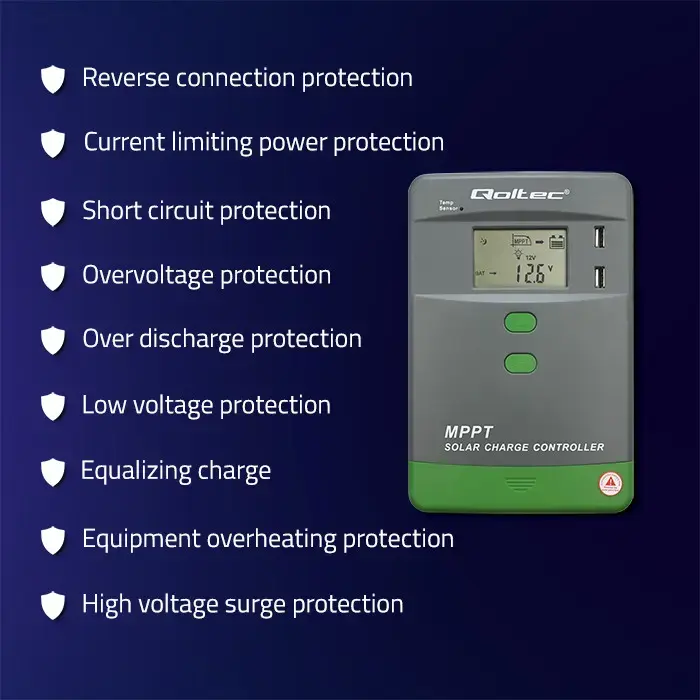 Qoltec Solar Charge Controller MPPT with Temperature Sensor 30A | 12V / 24V | LCD | 2 x USB | Bluetooth | APP | GEL | LiFePO4