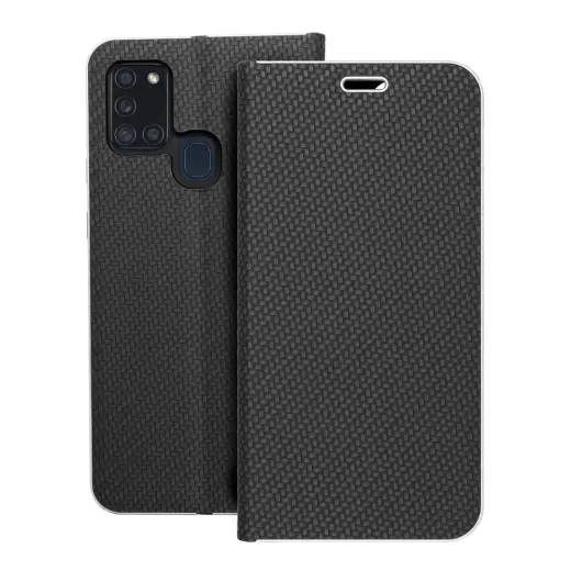LUNA Carbon knyginio tipo telefono dėklas Samsung Galaxy A21s (A217) juodas