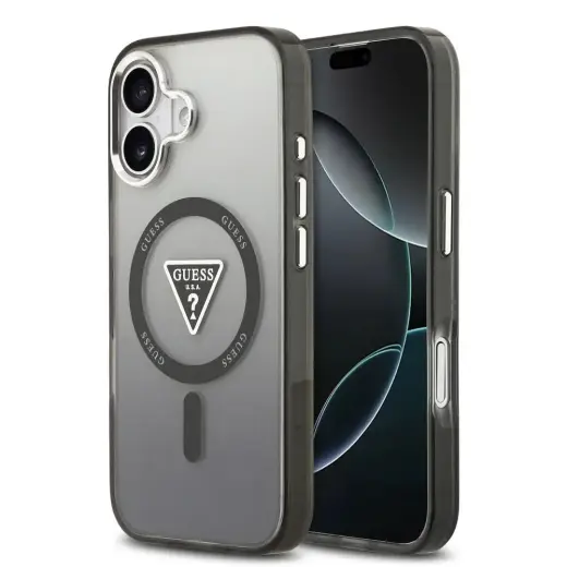 Guess IML Gradient With Print Triangle Logo & Silver Metal Camera Buttons maciņš ar MagSafe atbalstu telefonam iPhone 17 melns