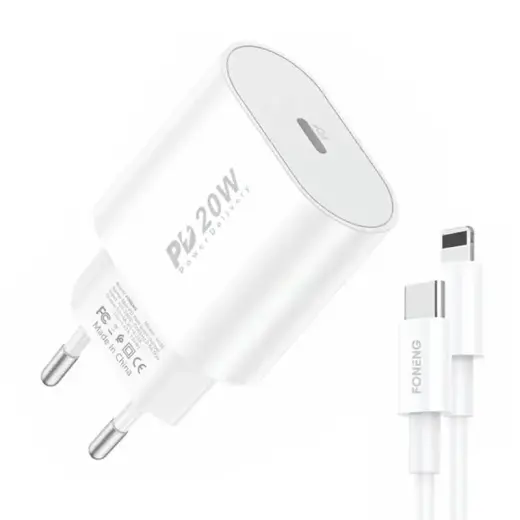 Foneng EU39 travel charger | USB-C, Lightning | with Lightning cable included
