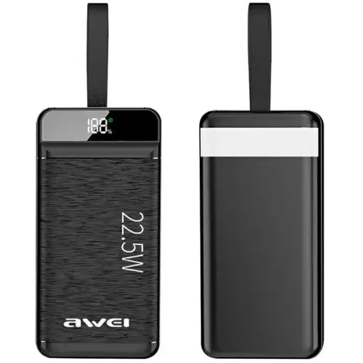 AWEI PowerBank P140K 30000mAh 22.5W czarny|black 3xUSB|PD|Lightning wyświetlacz + lampka LED