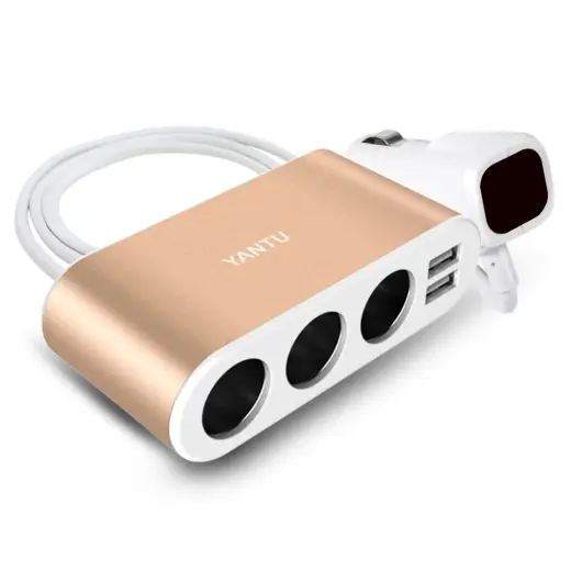 Car Cigarette Lighter Socket Splitter B08 - 3 sockets + 2xUSB - 3,1A 120W with display and cable gold