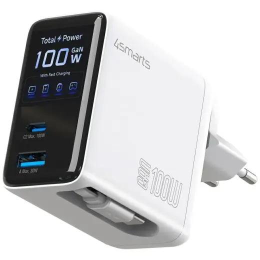 4smarts GaN Flex Screen AI tīkla lādētājs | 100W | GaN | USB-C, USB-A | balts