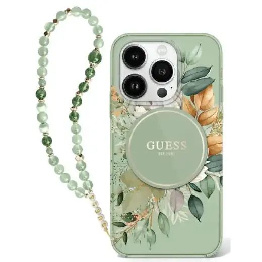 Guess GUHMP16SHFWBRCESN iPhone 16 6.1" zielony|green hardcase IML Flowers With Pearl Strap MagSafe