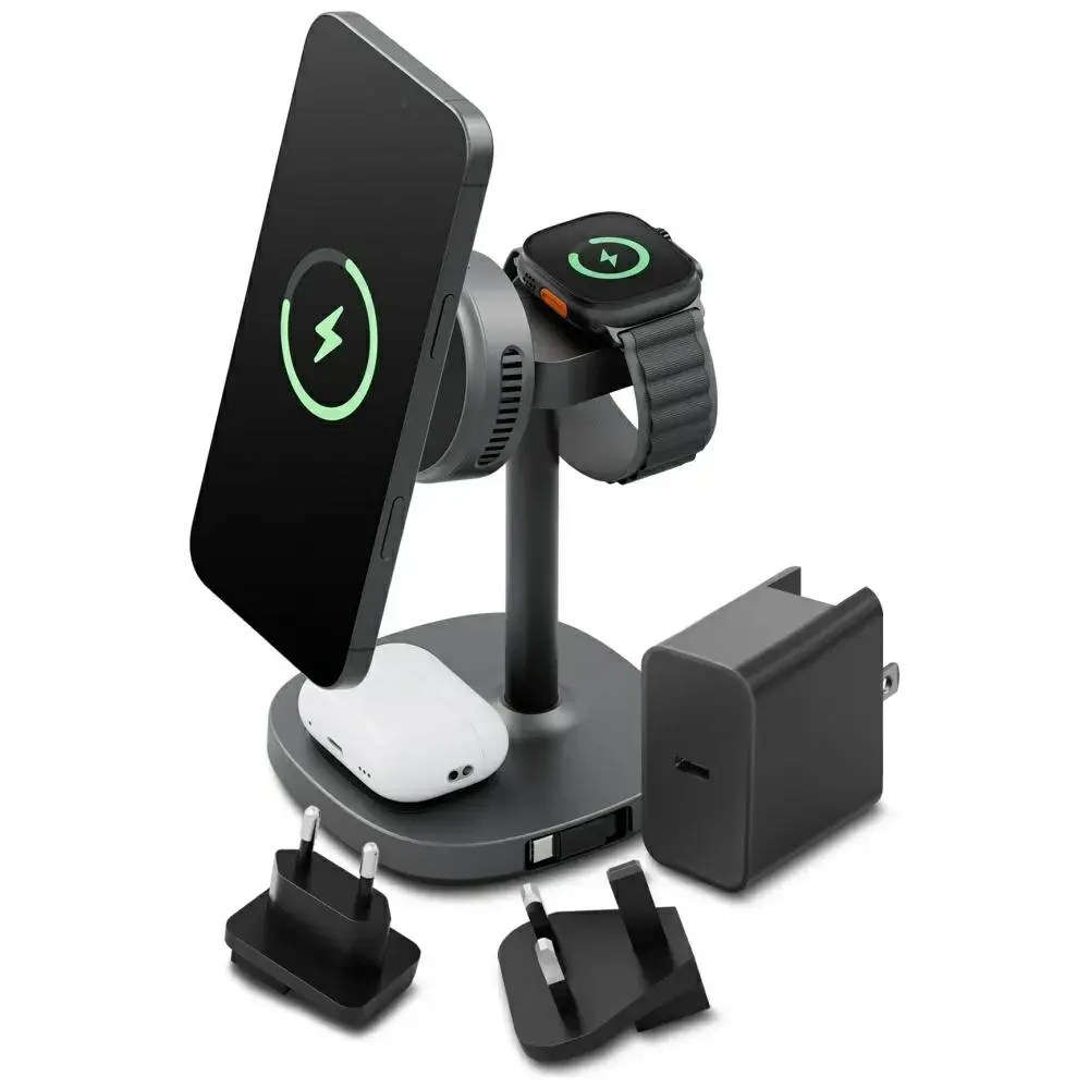 Charging station Energea MagArctic Stand 4in1 Qi2 with cooling, cable and 65W charger gunmetal
