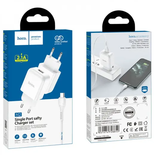 Hoco N2 universal travel charger USB | 5V | 2.4A + micro USB cable 1M white