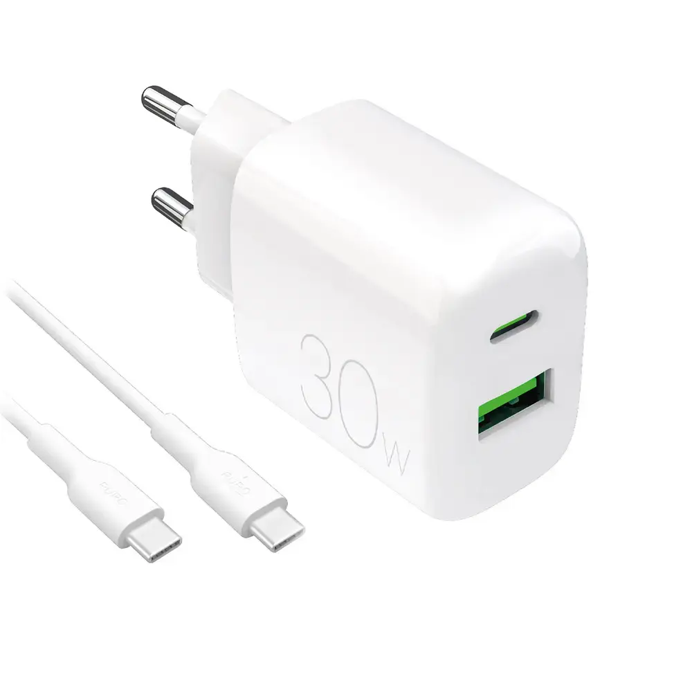 Puro PROLITE kelioninis įkroviklis | 30W | USB-A, USB-C | su USB-C į USB-C laidu komplekte | baltas