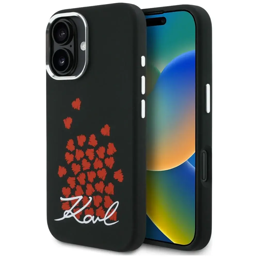 Karl Lagerfeld Silicone Heart Sign Logo maciņš ar MagSafe atbalstu telefonam iPhone 16 melns