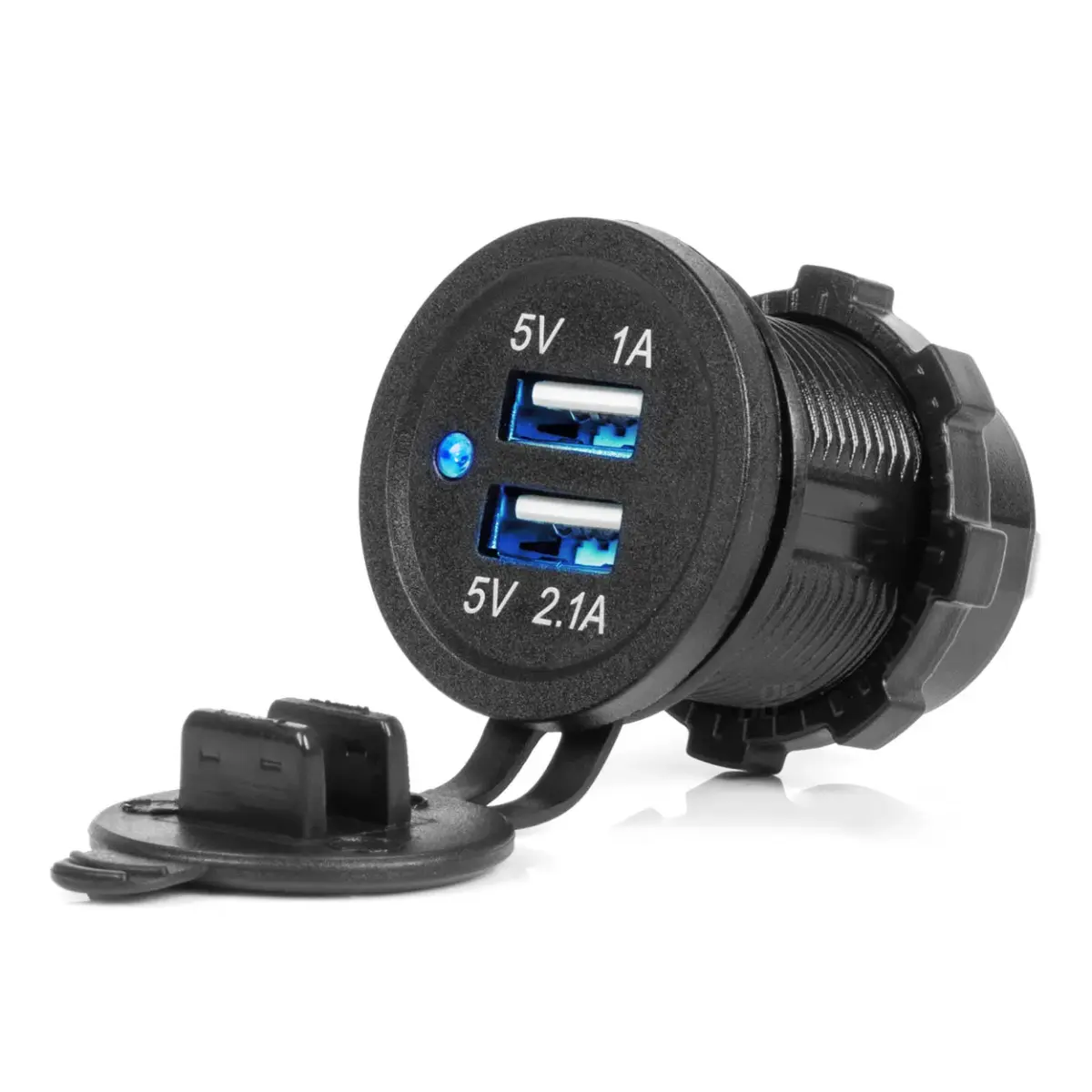 Waterproof Phone Charger with BLUE LED Indicator 3.1A 2xUSB 12/24V AMIO-04216