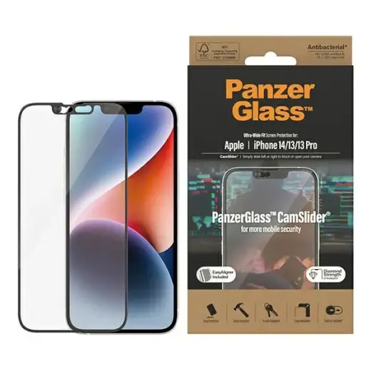 PanzerGlass Ultra-Wide Fit karastatud klaas telefonile iPhone 14 | iPhone 13 | iPhone 13 Pro 6.1" ekraanikaitse, CamSlider, antibakteriaalne, komplektis Easy Aligner, 2795
