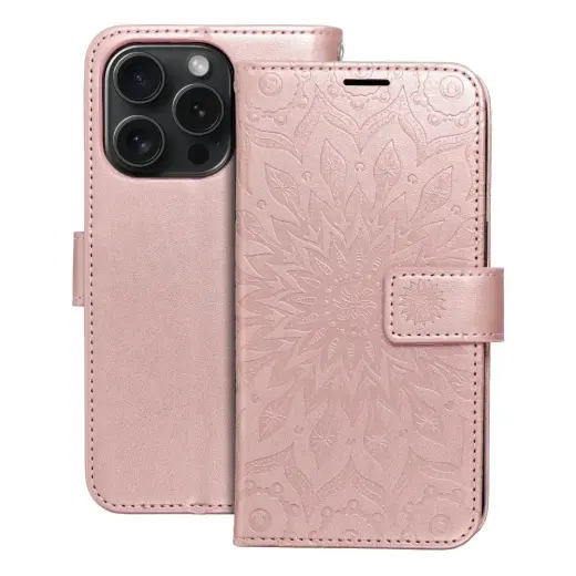 MEZZO mandala knyginio tipo telefono dėklas iPhone 15 Pro rožinis
